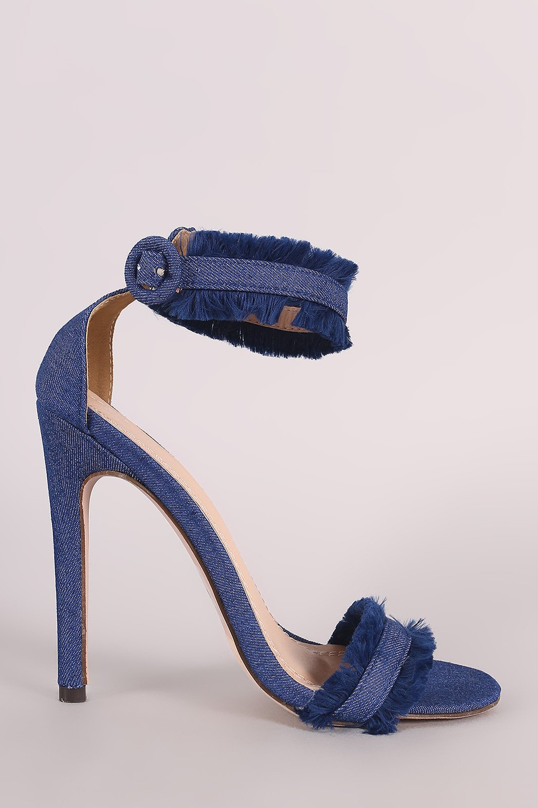 Frayed Denim Open Toe Ankle Strap Single Sole Stiletto Heel - NoveltyOne