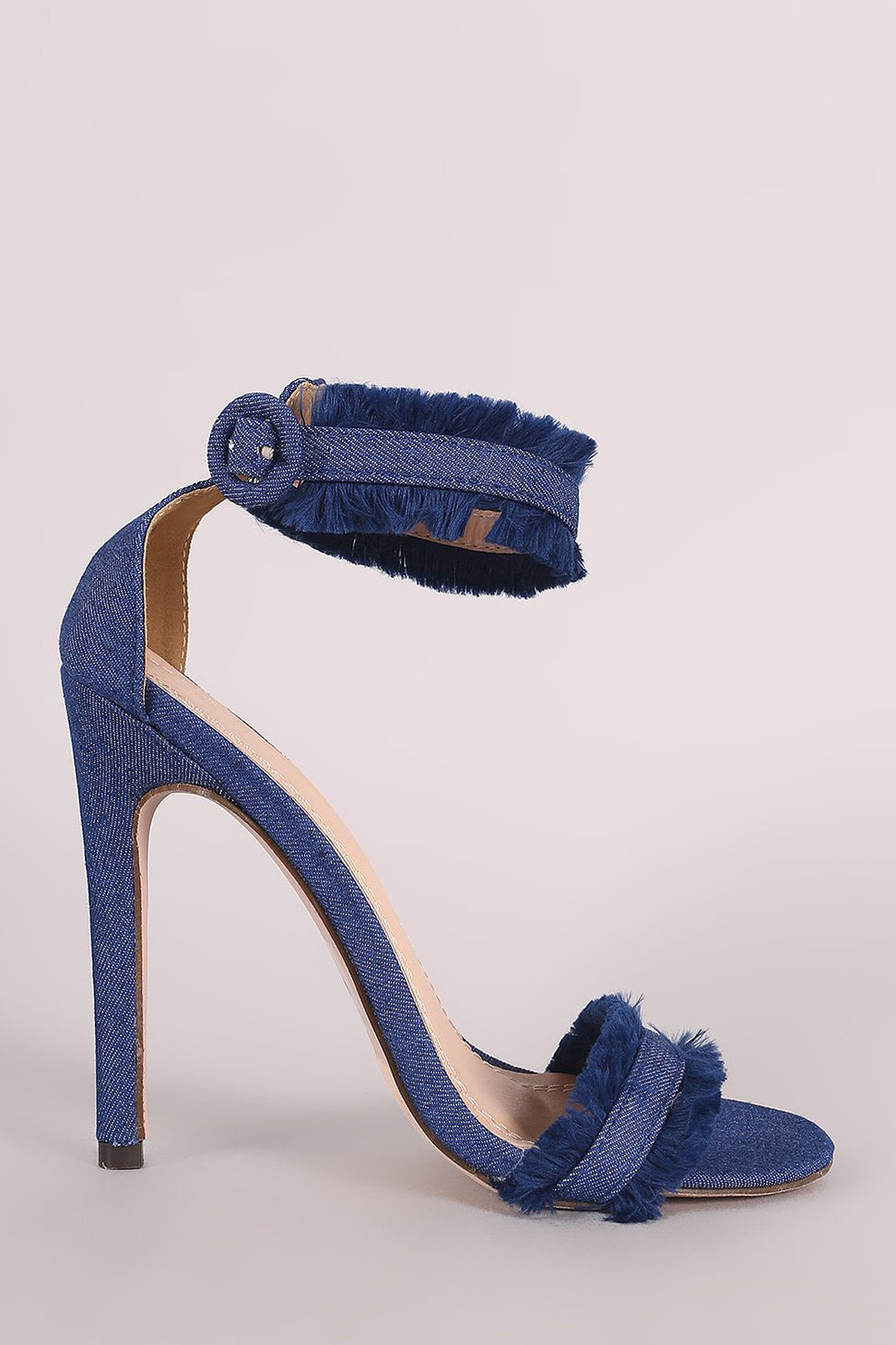 Frayed Denim Open Toe Ankle Strap Single Sole Stiletto Heel - NoveltyOne