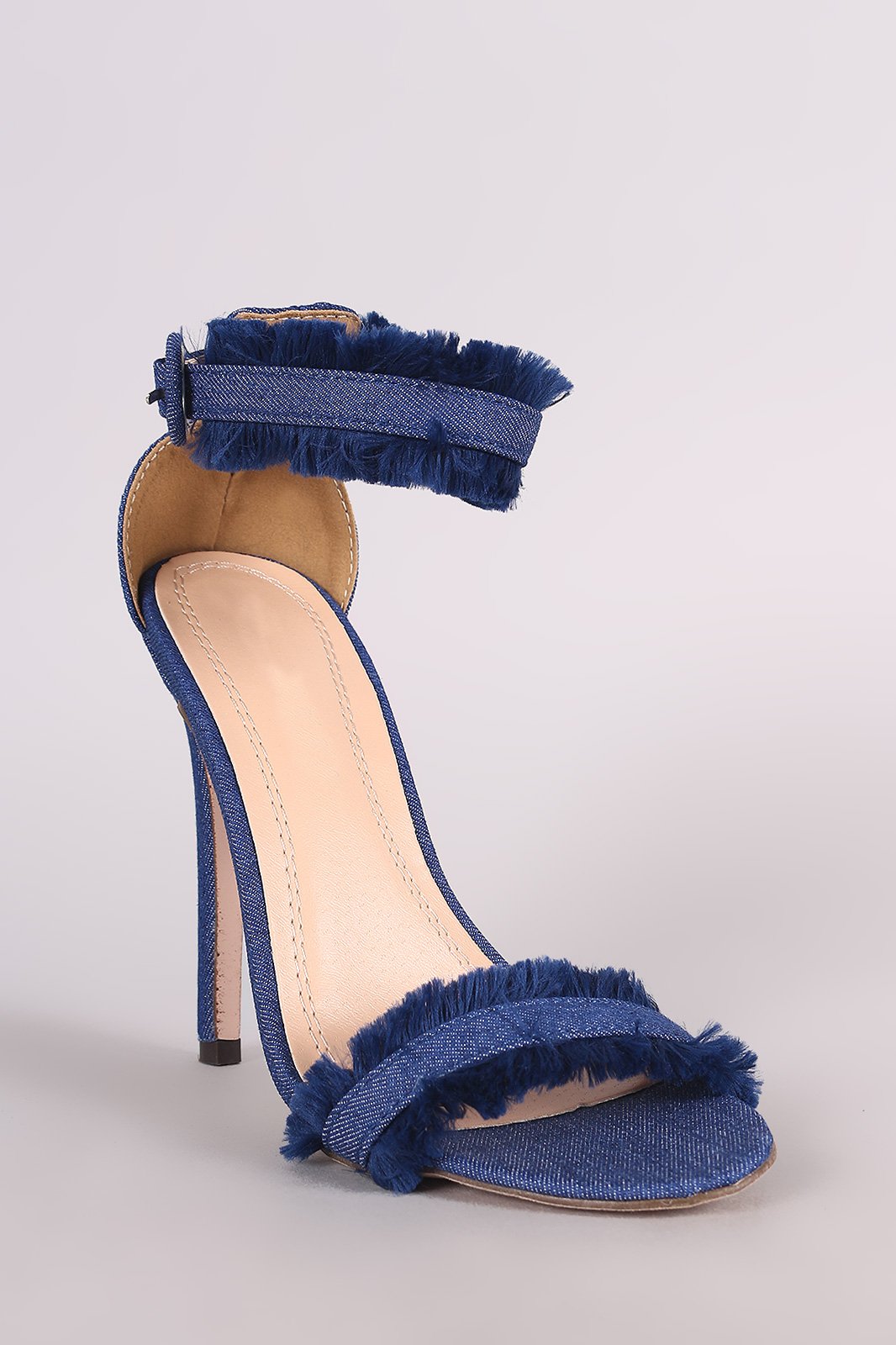 Frayed Denim Open Toe Ankle Strap Single Sole Stiletto Heel - NoveltyOne