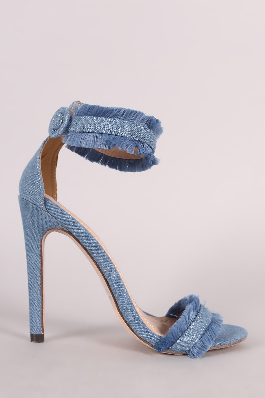 Frayed Denim Open Toe Ankle Strap Single Sole Stiletto Heel - NoveltyOne