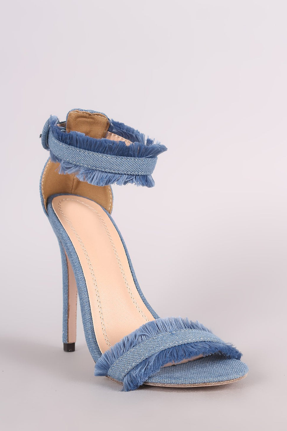 Frayed Denim Open Toe Ankle Strap Single Sole Stiletto Heel - NoveltyOne