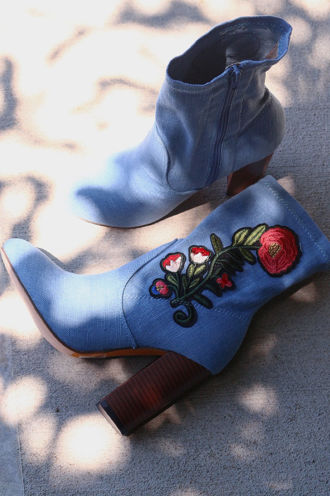 Embroidered Floral Denim Chunky Heeled Ankle Boots