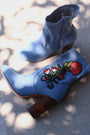 Embroidered Floral Denim Chunky Heeled Ankle Boots