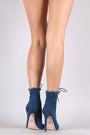 Frayed Denim Lace Up Peep Toe Stiletto Booties - NoveltyOne