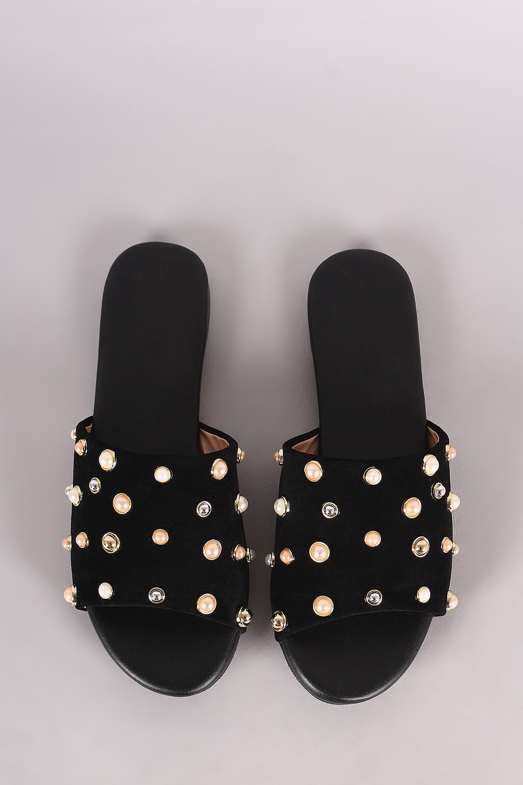 Suede Pearl Embellished Band Open Toe Slip-On Flat Sandal