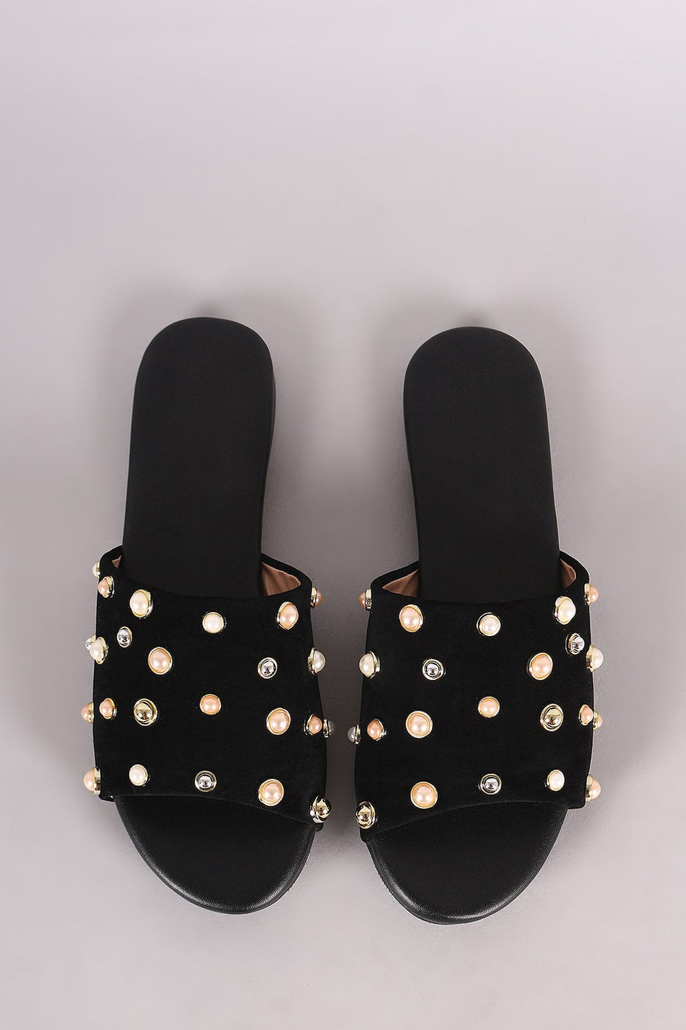 Suede Pearl Embellished Band Open Toe Slip-On Flat Sandal