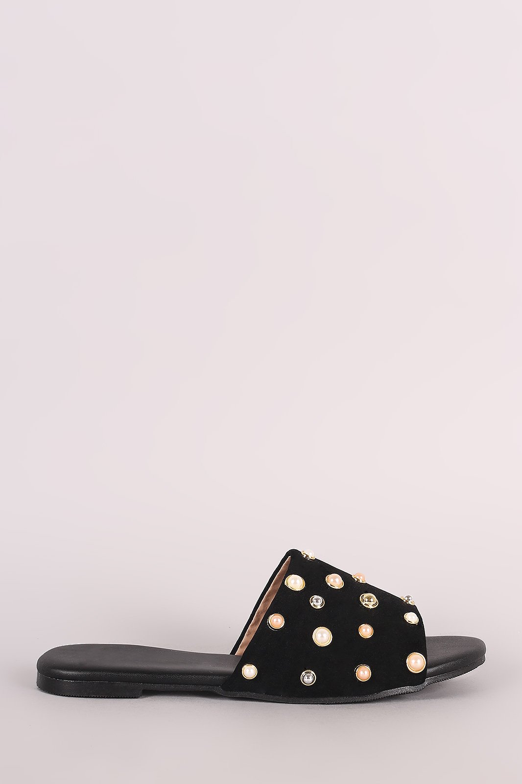 Suede Pearl Embellished Band Open Toe Slip-On Flat Sandal