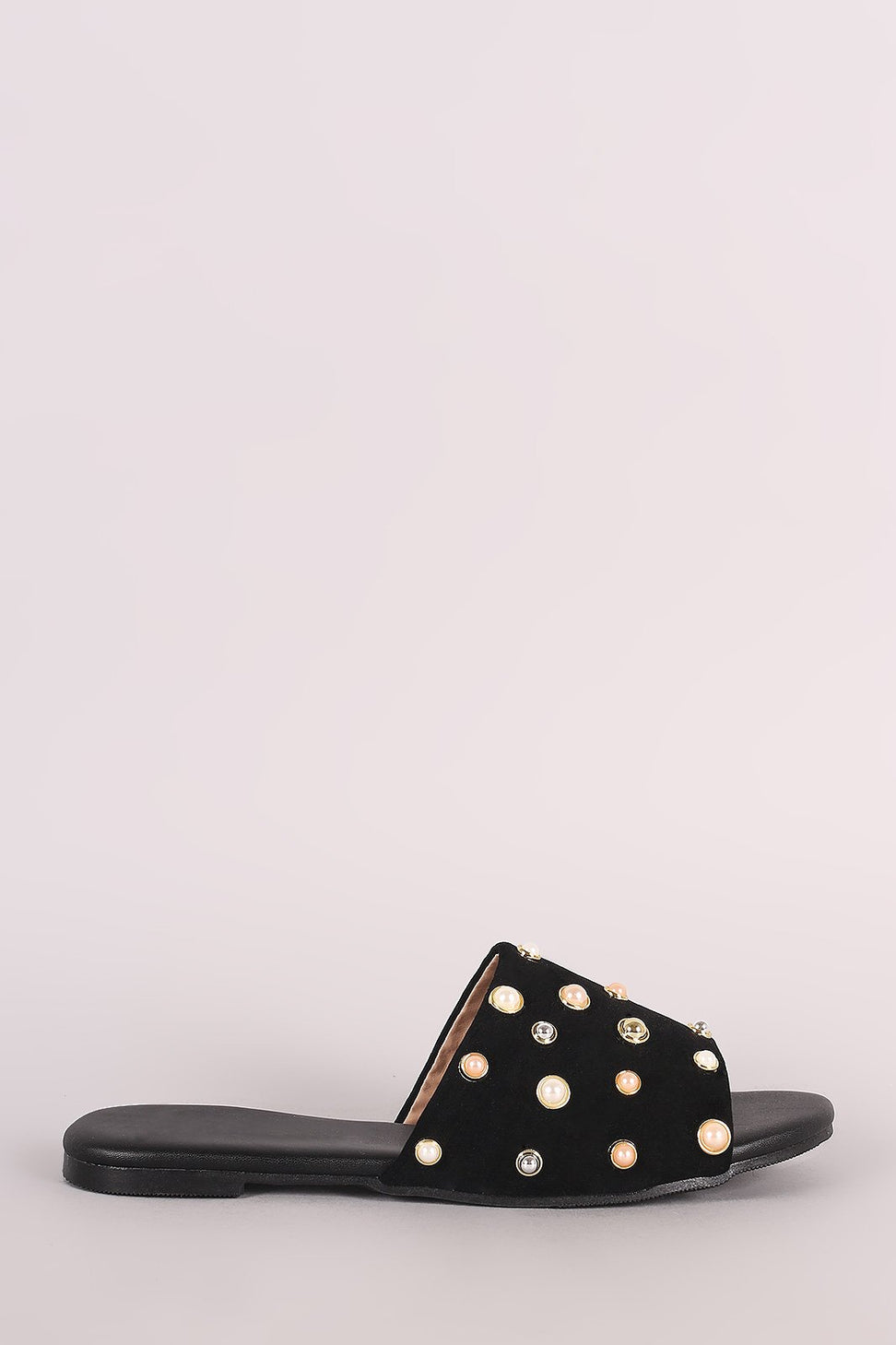 Suede Pearl Embellished Band Open Toe Slip-On Flat Sandal
