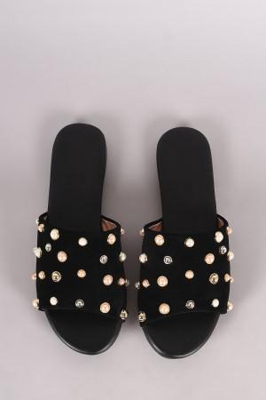 Suede Pearl Embellished Band Open Toe Slip-On Flat Sandal