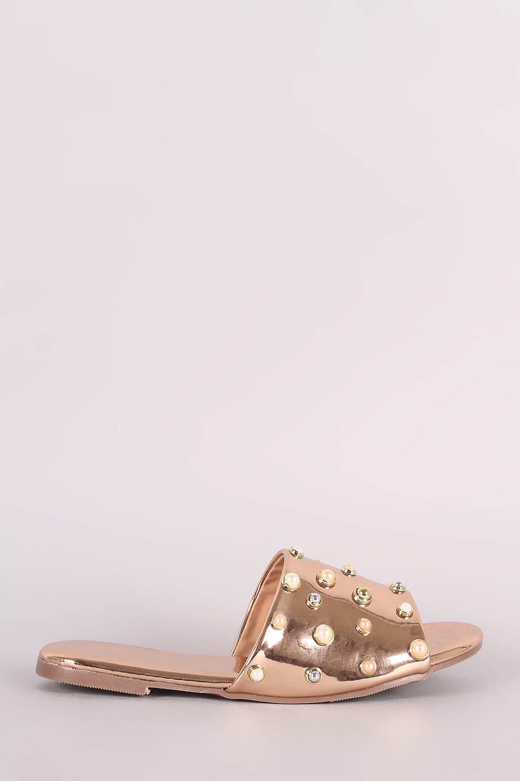 Metallic Pearl Embellished Band Open Toe Slip-On Flat Sandal