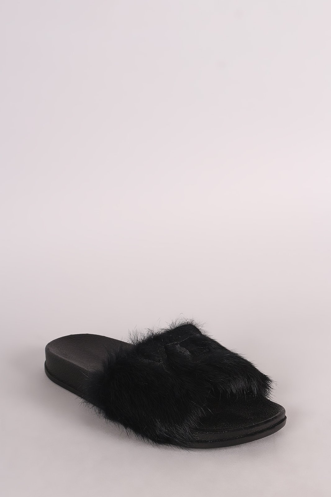 Embroidered Yes No Faux Fur Slide Sandal