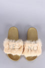 Embroidered Yes No Faux Fur Slide Sandal