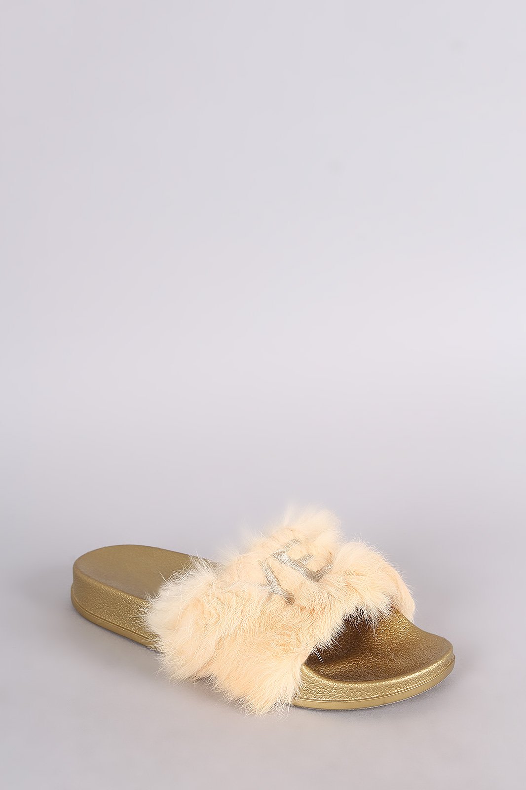 Embroidered Yes No Faux Fur Slide Sandal