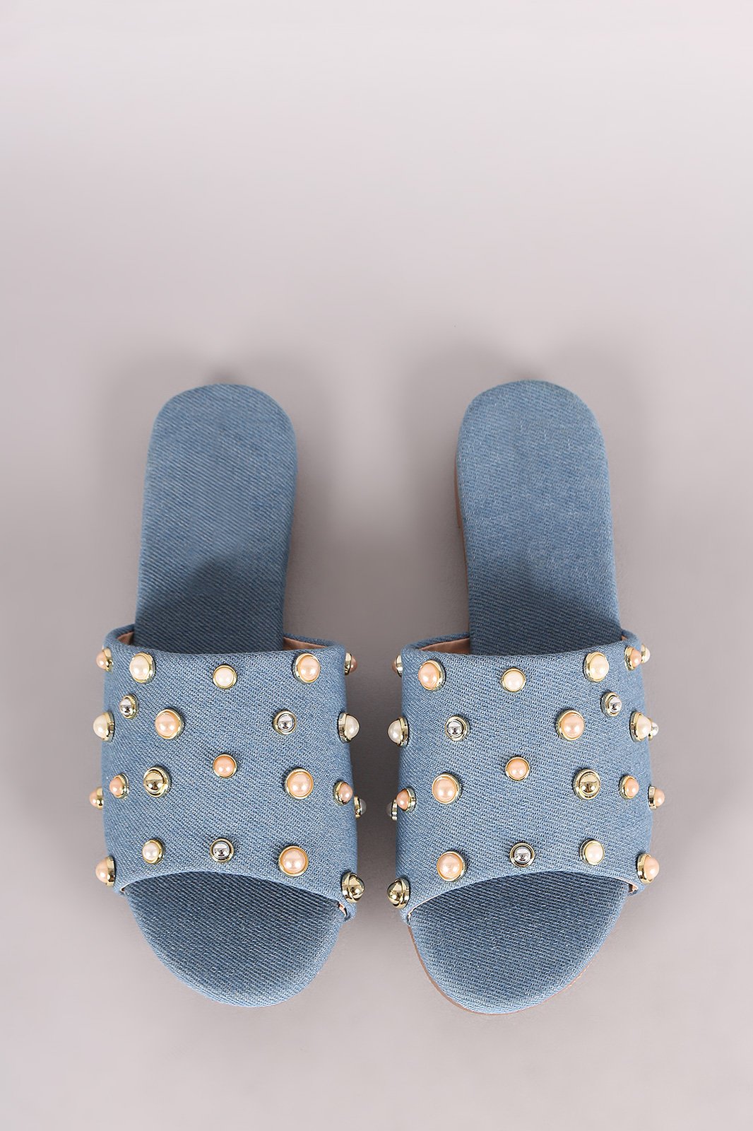 Denim Pearl Embellished Band Open Toe Slip-On Flat Sandal