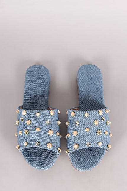 Denim Pearl Embellished Band Open Toe Slip-On Flat Sandal