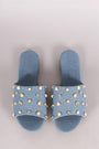 Denim Pearl Embellished Band Open Toe Slip-On Flat Sandal