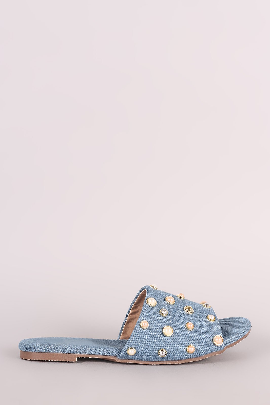Denim Pearl Embellished Band Open Toe Slip-On Flat Sandal