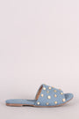 Denim Pearl Embellished Band Open Toe Slip-On Flat Sandal