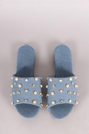 Denim Pearl Embellished Band Open Toe Slip-On Flat Sandal