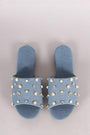 Denim Pearl Embellished Band Open Toe Slip-On Flat Sandal