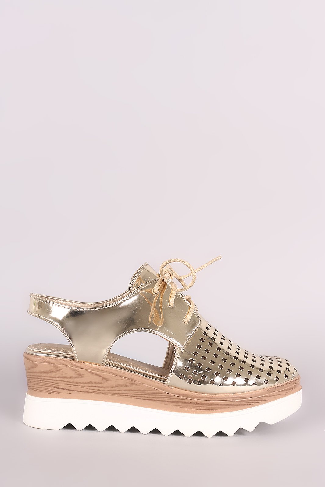 Perforated Metallic Lace Up Cutout Oxford Platform Wedge