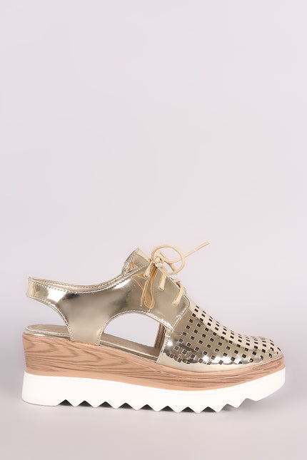 Perforated Metallic Lace Up Cutout Oxford Platform Wedge