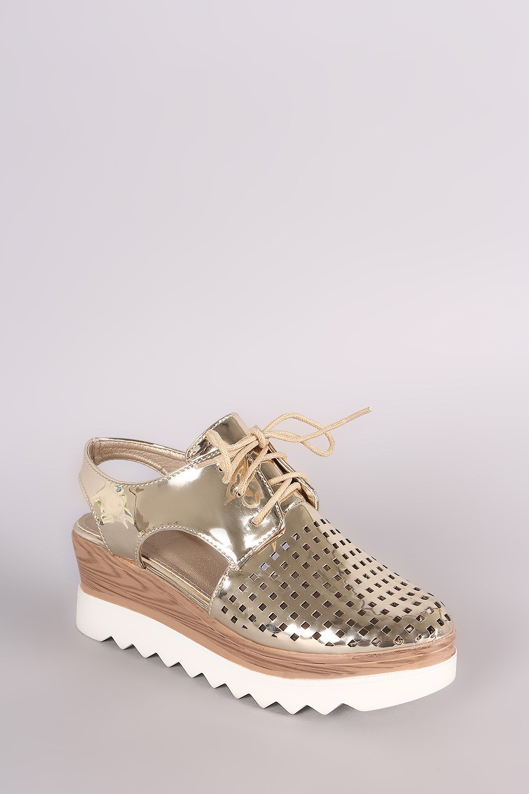 Perforated Metallic Lace Up Cutout Oxford Platform Wedge