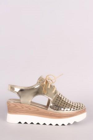 Perforated Metallic Lace Up Cutout Oxford Platform Wedge