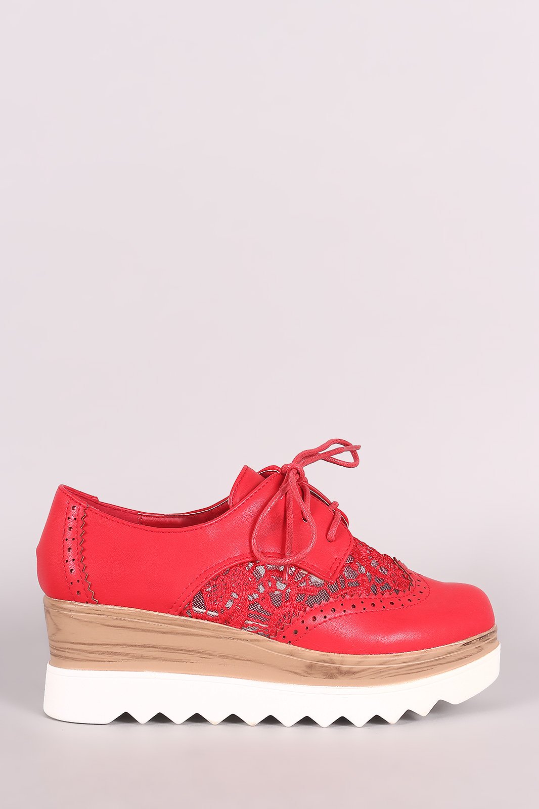 Perforated Crochet Mesh Lug Sole Lace Up Oxford Platform Wedge