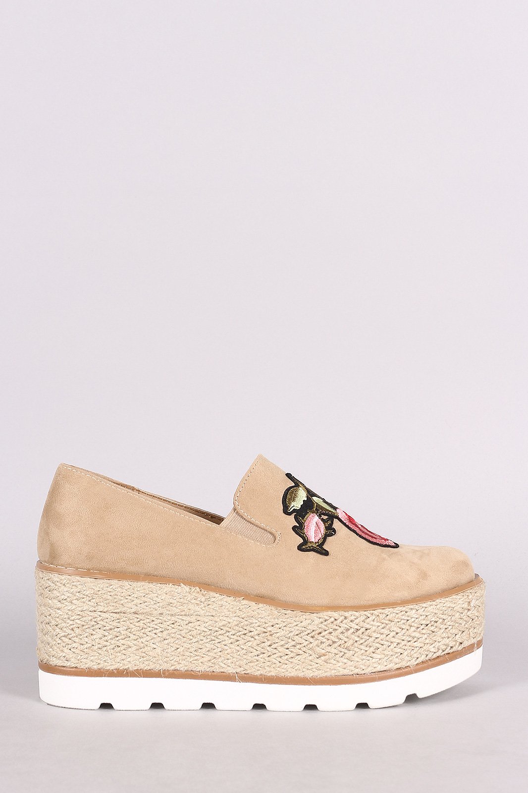Embroidered Floral Suede Espadrille Flatform Loafer