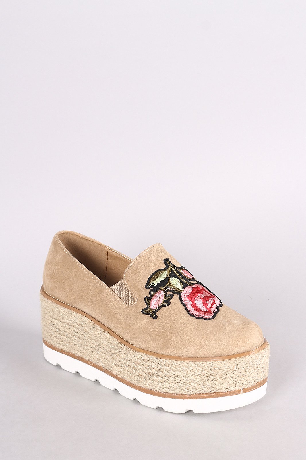 Embroidered Floral Suede Espadrille Flatform Loafer