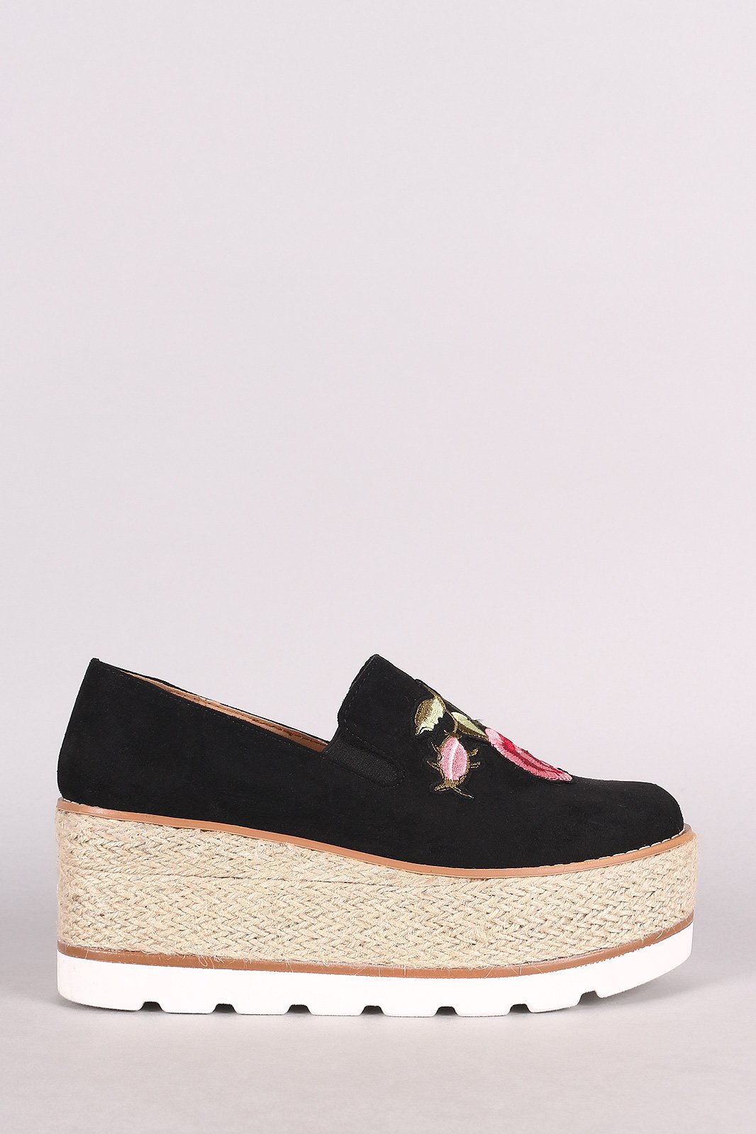 Embroidered Floral Suede Espadrille Flatform Loafer