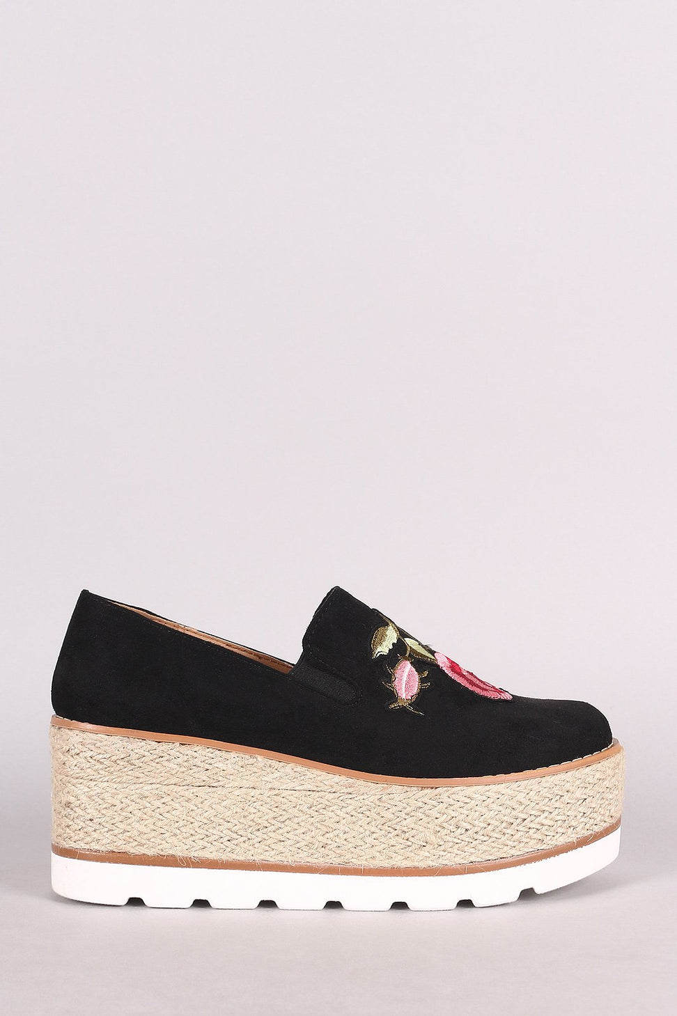 Embroidered Floral Suede Espadrille Flatform Loafer