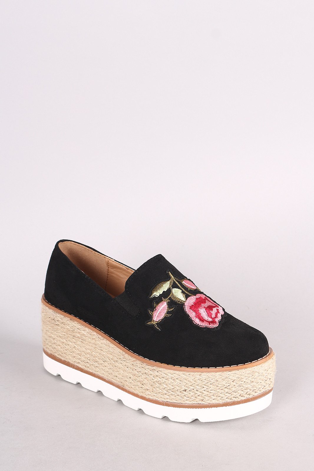 Embroidered Floral Suede Espadrille Flatform Loafer