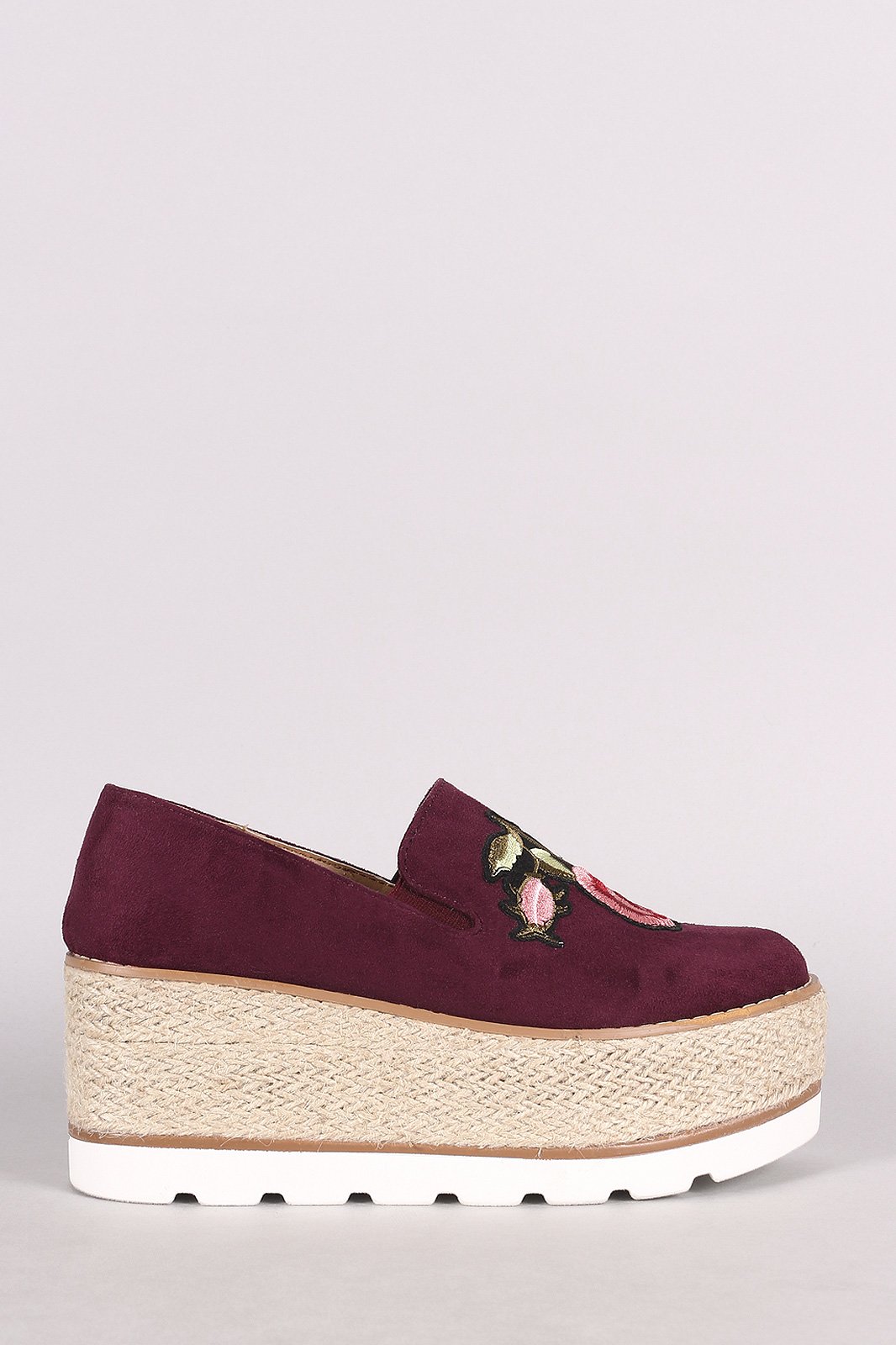 Embroidered Floral Suede Espadrille Flatform Loafer