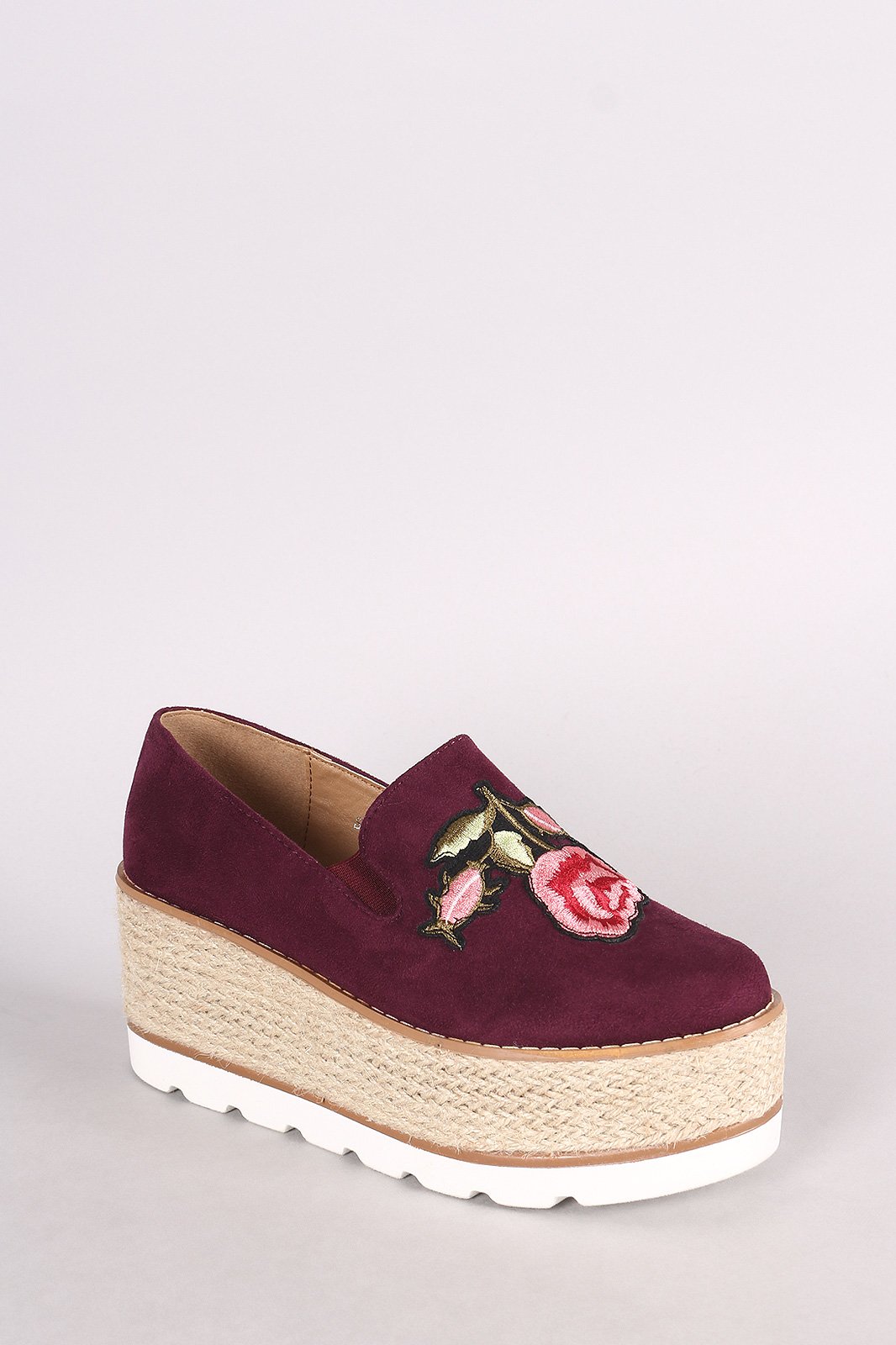 Embroidered Floral Suede Espadrille Flatform Loafer