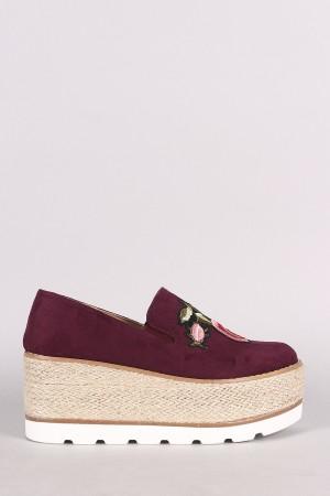 Embroidered Floral Suede Espadrille Flatform Loafer