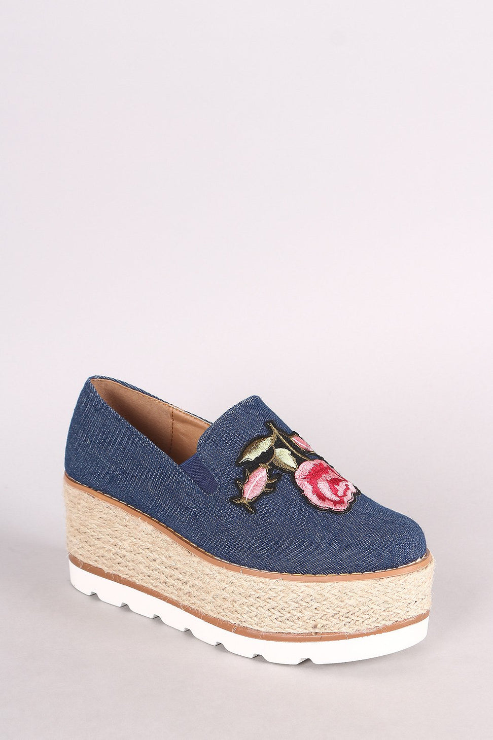 Embroidered Floral Denim Espadrille Flatform Loafer