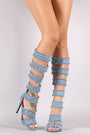 Grommets Embellished Strappy Frayed Denim Gladiator Heel
