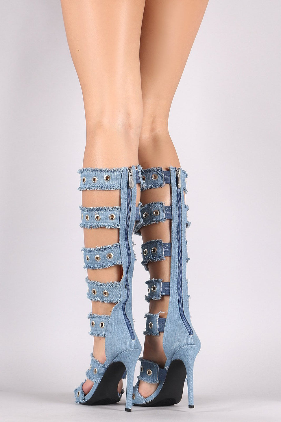 Grommets Embellished Strappy Frayed Denim Gladiator Heel