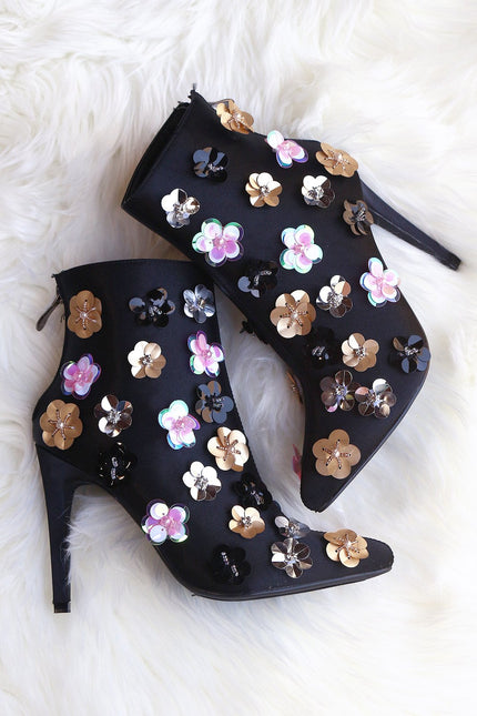 Floral Applique Satin Pointy Toe Booties - NoveltyOne