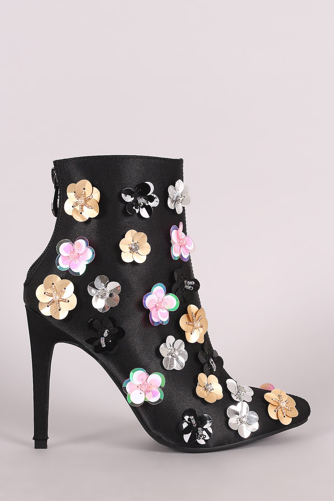 Floral Applique Satin Pointy Toe Booties - NoveltyOne