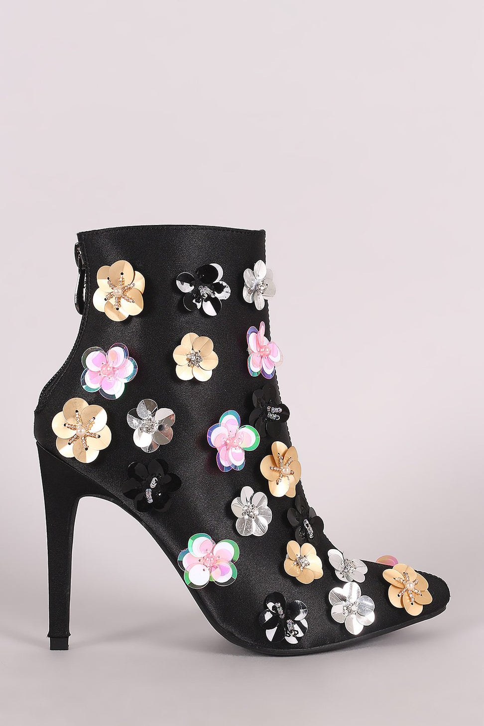 Floral Applique Satin Pointy Toe Booties - NoveltyOne