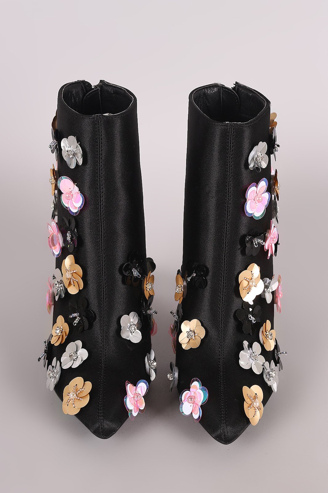 Floral Applique Satin Pointy Toe Booties - NoveltyOne