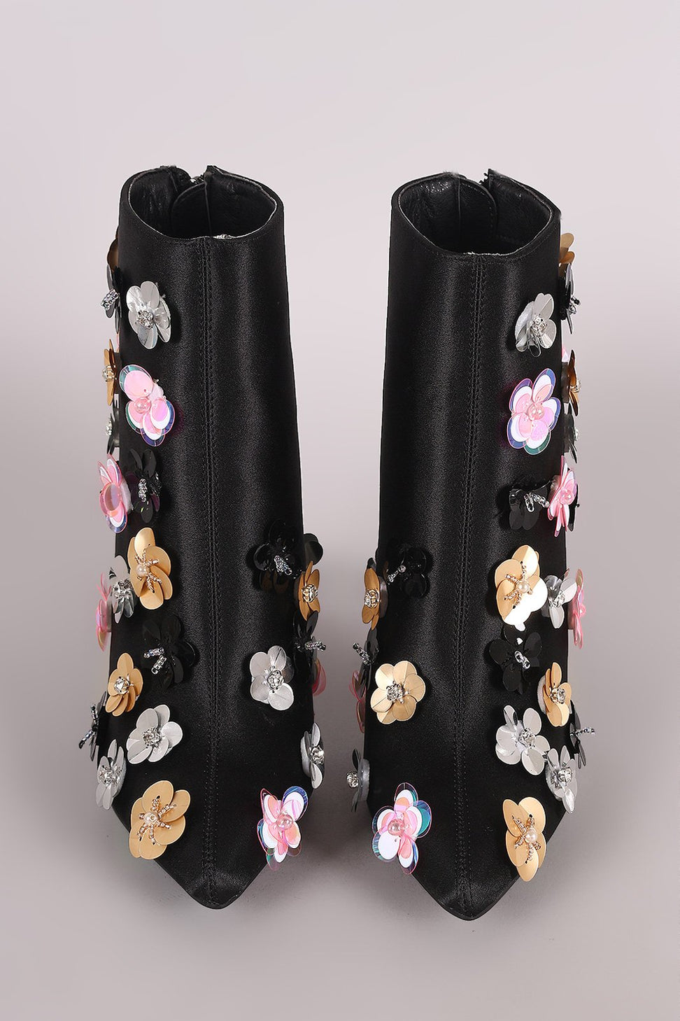 Floral Applique Satin Pointy Toe Booties - NoveltyOne