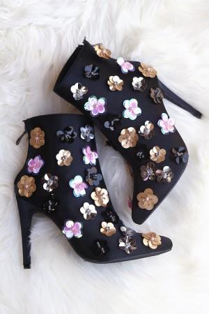 Floral Applique Satin Pointy Toe Booties - NoveltyOne