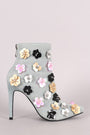Floral Applique Denim Pointy Toe Booties - NoveltyOne