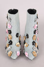 Floral Applique Denim Pointy Toe Booties - NoveltyOne