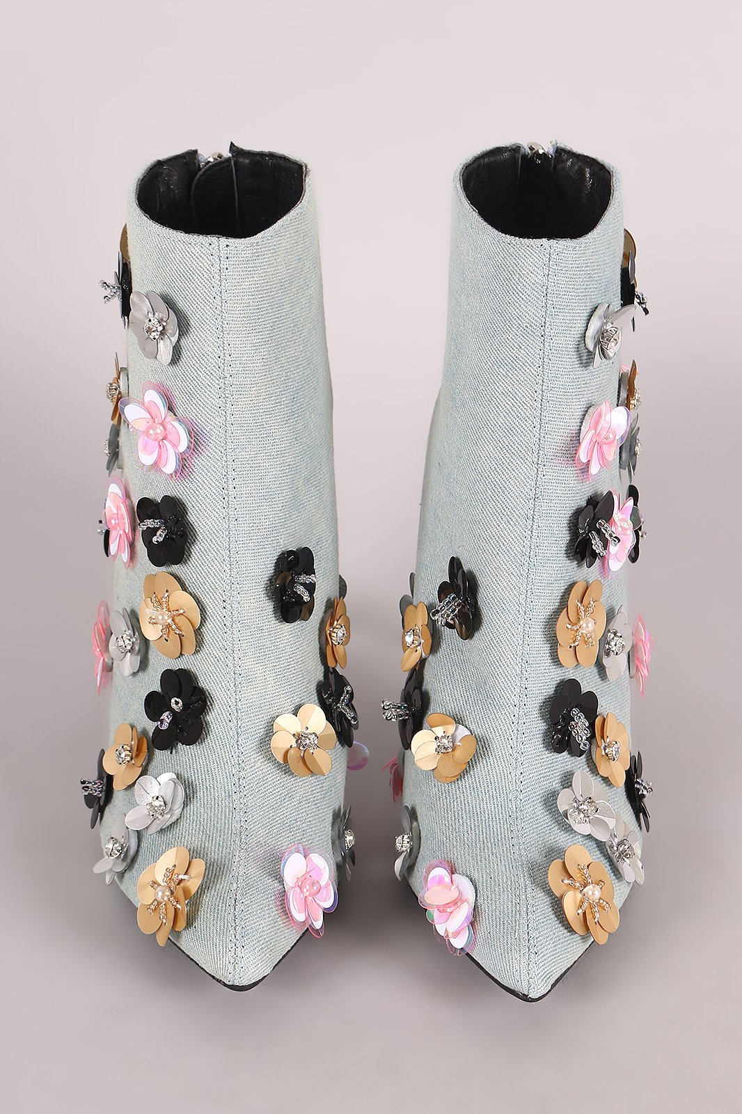 Floral Applique Denim Pointy Toe Booties - NoveltyOne