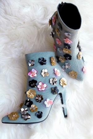 Floral Applique Denim Pointy Toe Booties - NoveltyOne